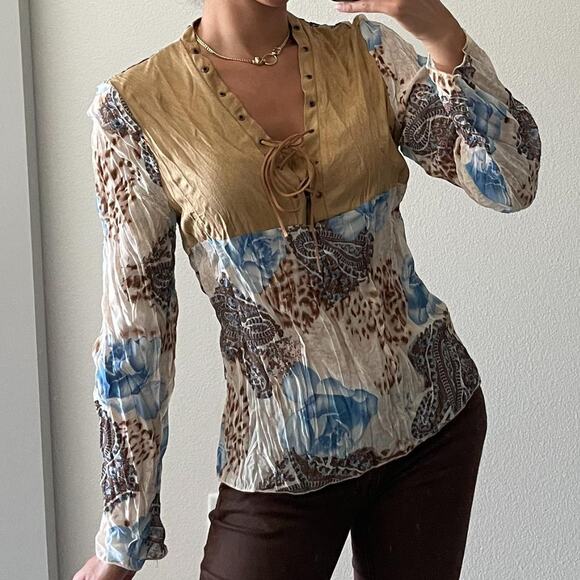 Tan Multicolor Long Sleeve Blouse - Picture 1 of 4